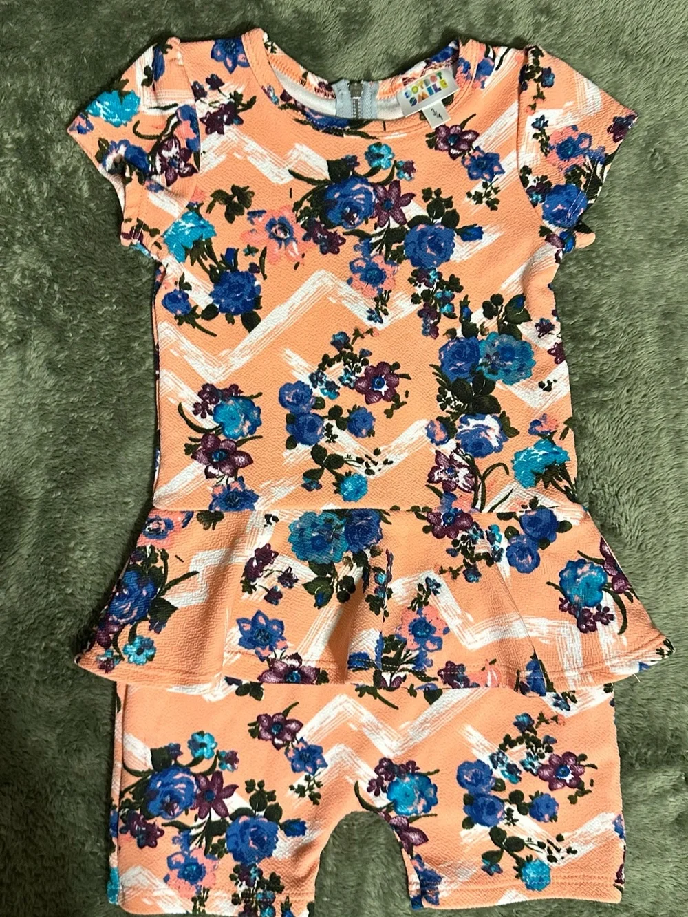 Dot Dot Smile Peach Floral Peplum Romper with Blue & Purple Flowers